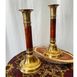 Vintage brass n wood candlesticks set 2 colonial heritage revival classic home